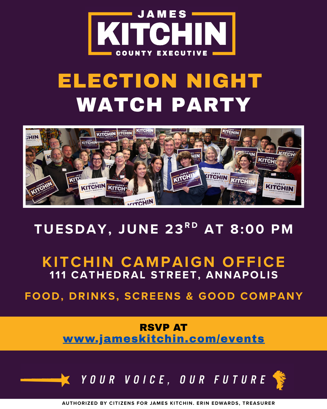Election Night Watch Party - Tuesday June 23 at 8 PM - Kitchin Campaign Office, 111 Cathedral Street, Annapolis