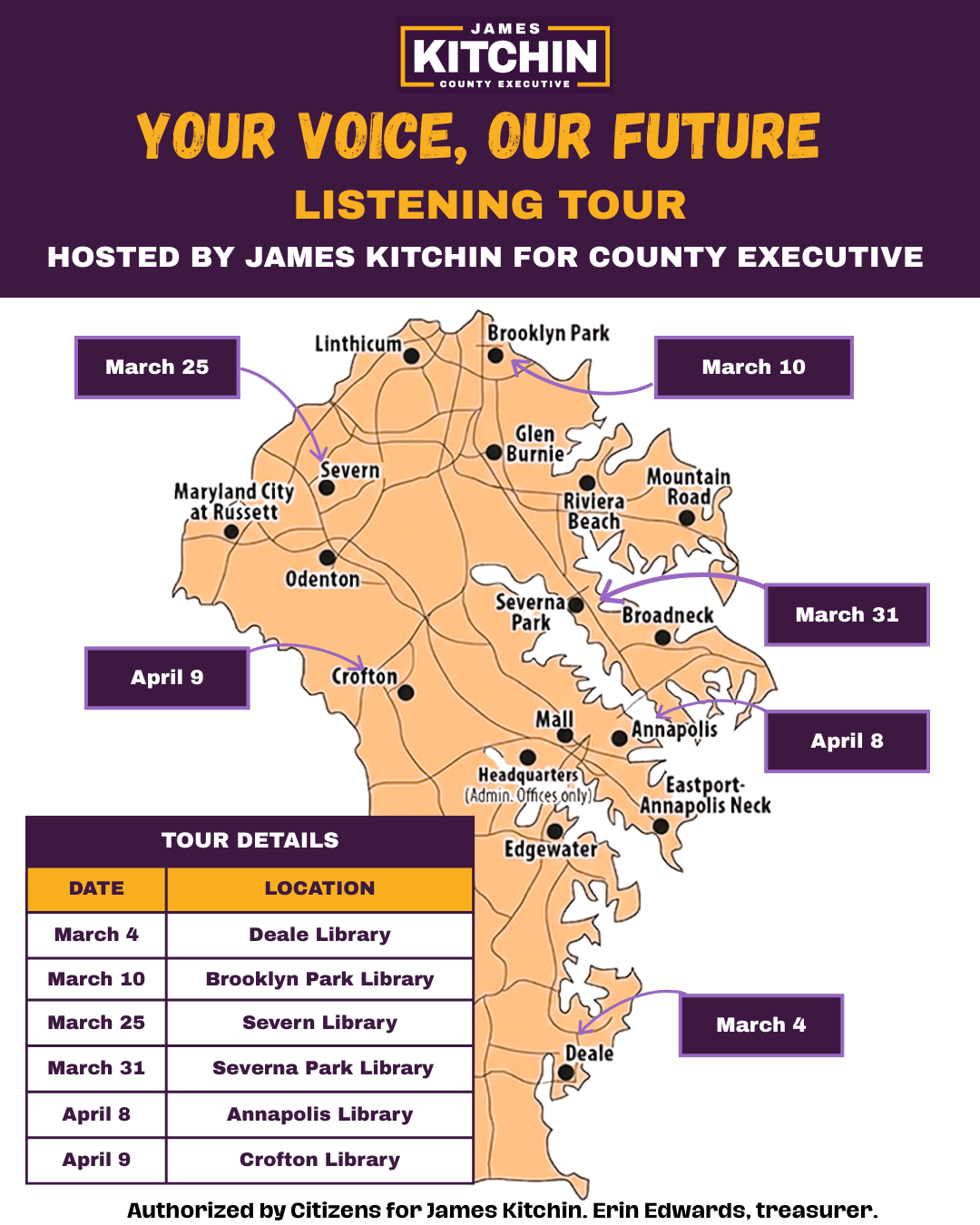 Your Voice, Our Future Listening Tour - Map of Anne Arundel County showing tour locations